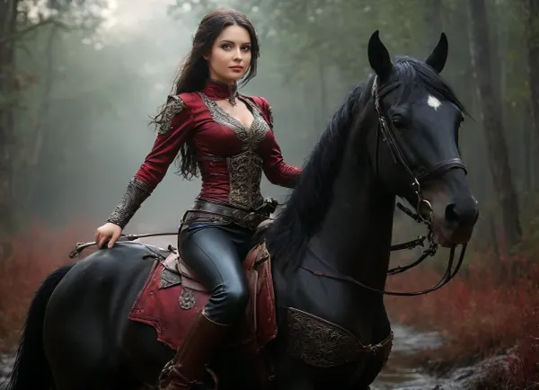 Ultimate realistic, 8k, ultra detailed, masterpiece, medieval fullmoon night background scene, ((steampunk style, beautiful medieval warrior princess, 22yo Lana Ratschuk, mounted riding on a black war horse, she is slighly armoured with small dark red leather chest-armor, midrif, she wears long tight black leatherpants, seductive, smiling, mounted riding on a powerful raven-black stallion, she is racing along a dark swamp path in a wild ride, uncovered long wavy black hair, beautiful brown eyes, beautiful small bell shaped breasts, 22 a-cup breasts, erect nipples, perky tits, tits hard firm:1.5)), beautiful cleavage, ((midriff:1.8)), (the warrior princess wears many highly detailed diamond bracelets and many glittering diamond necklaces around her neck), (three different diamond necklaces:1.2), ((22 a-cups:1.8)), small breasts, small bell shaped breasts, seductive, smiling, full legs, athletic figur, small waist, small tight ass, small tight hips, abs, (hard round ass), slender long legs, (((focus on feet:1.8))), wind are visible. dynamic composition, Expressive and majestic batalistic art, fluxenh4nce, riding, on, a, BJ_Full_Moon, <lora:MJ52:.8>, <lora:Perfect_Eyes:1.2>, <lora:FLUXEnh4nce:1>, <lora:riding_on_a:1.8>, <lora:Full_Moon(7560):1.8>