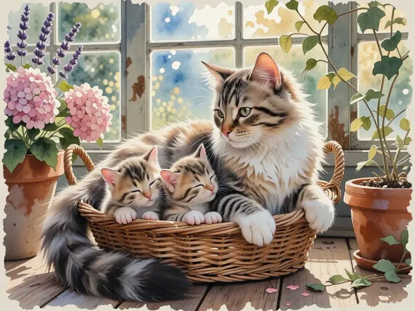A beautiful masterpiece of pure fluid watercolor art, genuine traditional painting style on highly textured rough cotton paper. Full shot capturing an adorable cat family, a fluffy mother cat and her three tiny, sleeping newborn kittens cozying up together inside a vintage wicker basket. The setting is a sun-drenched old wooden botanical greenhouse, surrounded by hand-painted clay pots with soft blooming pink hydrangeas, lavender, and trailing green ivy leaves. The coloring showcases spectacular wet-on-wet watercolor techniques, with beautiful spontaneous color bleeds, translucent paint washes, and delicate splatters. The kitten's fur is rendered with a soft, fuzzy watercolor texture. Soft light-blue and golden sunlight filters through the semi-transparent watercolor-washed glass windows of the greenhouse, creating a serene, peaceful and cozy atmosphere. Sharp artistic pencil sketch lines are subtly visible beneath the paint, emphasizing the raw handmade craftsmanship, zero digital appearance.