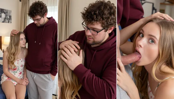 masterpiece, best quality, ultra-detailed, 1girl, 1boy, three-panel photo collage, split-screen photo, indoor bedroom setting.
​Left panel, A young blonde girl with long wavy hair sits on a bed, wearing a floral sundress, looking up at a taller fat man with glasses, curly brown hair, a beard, and wearing a maroon hoodie with grey sweatpants. He is gently placing his hand on top of her head.
​Middle panel, A close-up view from behind the blonde girl's head, showing the same bearded man with glasses and a maroon hoodie gently resting his palm and fingers on the crown of her head. He has a calm, focused expression.
​Right panel, A close-up high angle shot view of the blonde girl with an expressive, giving blowjob, surprised, or startled facial expression, sucking dick, (mouth slightly open, eyes wide), as she extends her arm toward the camera. She is wearing the floral print top.
​Warm indoor natural lighting, casual home environment, screenshots from a video, candid camera capture style, photorealistic, 8k resolution