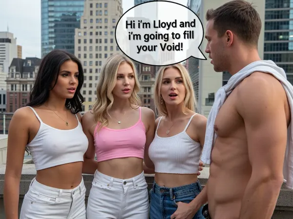 4K UHD, in a large city, 3 fully clothed females, there is a man with clothes saying to them with correctly spelled text bubble next to his face "Hi i'm Lloyd and i'm going to fill your Void!"