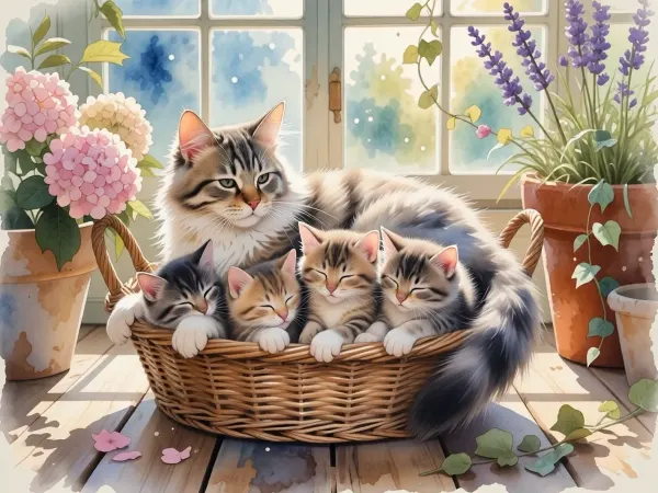 A beautiful masterpiece of pure fluid watercolor art, genuine traditional painting style on highly textured rough cotton paper. Full shot capturing an adorable cat family, a fluffy mother cat and her three tiny, sleeping newborn kittens cozying up together inside a vintage wicker basket. The setting is a sun-drenched old wooden botanical greenhouse, surrounded by hand-painted clay pots with soft blooming pink hydrangeas, lavender, and trailing green ivy leaves. The coloring showcases spectacular wet-on-wet watercolor techniques, with beautiful spontaneous color bleeds, translucent paint washes, and delicate splatters. The kitten's fur is rendered with a soft, fuzzy watercolor texture. Soft light-blue and golden sunlight filters through the semi-transparent watercolor-washed glass windows of the greenhouse, creating a serene, peaceful and cozy atmosphere. Sharp artistic pencil sketch lines are subtly visible beneath the paint, emphasizing the raw handmade craftsmanship, zero digital appearance.
