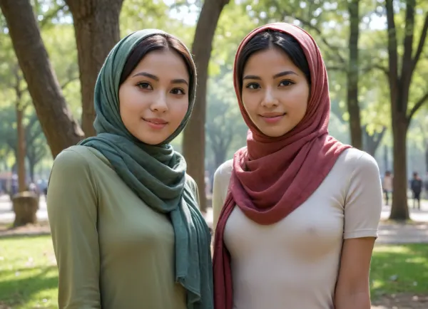 Hyperrealistic, aesthetic nudity, between legs pov, average beauty Malay muslimah in the style of Goro Fujita, taking selfies in the park with her attractive friend, hejab, scarf, soft fabric, average beauty, peak beauty, fashion sketch body proportions, unshaped flat chest, closeup shot with Leica, outdoors, public, shaky, diffraction, interactive, dappled sunlight through tree canopies, volumetric background, foreground shadows, highly detailed face in the style of Affandi