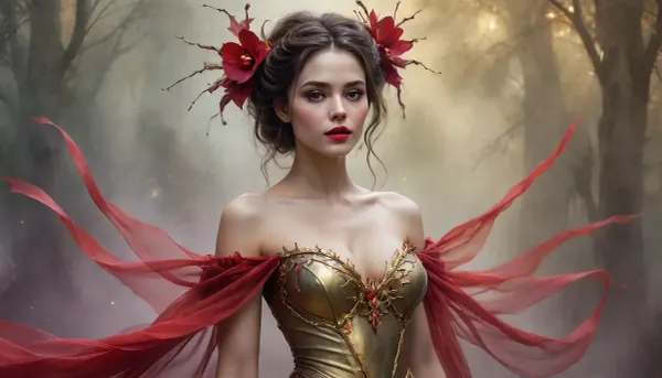 (Dark Fantasy Artwork), artistic, low angle, artistic painting in a watercolor and oil on parchment, the background features a large abstract red heart shape, 40 yo, ethereal belle female orchid predator made of thorns, dress of thorns, thorns emerge from her skin, thorn-like gold jewelry, playful pout, dark misty void with violet and emerald shimmering surfaces, harsh direct lighting, sweetness, soft focus, seductive gaze, red lips, dynamic effect through paint splashes and streaks, warm colors, painterly texture, fantasy, natural beauty, gleaming ghostly gold, epically atmospheric fog, red ribbons, the background is a neutral color, /KlTTY-ART/