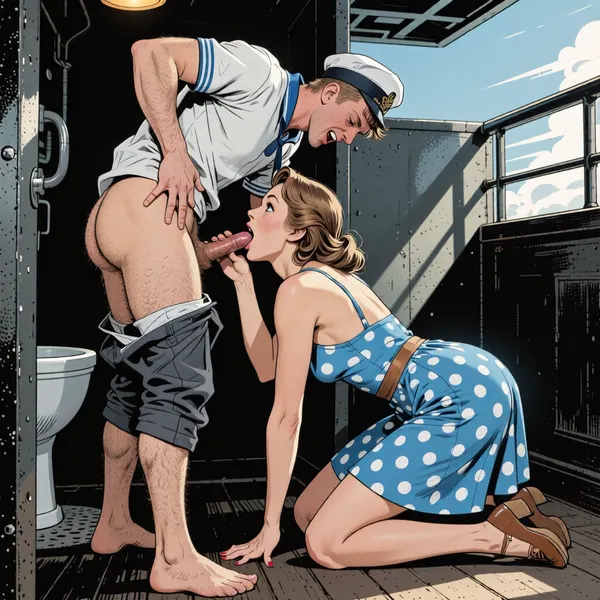 This is a detailed a classical illustrative style depicts a scene set in USSR in 1950s, younger cabin boy is stands bent over in the dark ship's toilet, he is dressed as cabin boy, his pants pulled down to his knees, he is laughing, His very hairy butt visible, Anna- very beautiful Russian married woman 40 years old noble light-brown elegant hairstyle, slender, wide hips, elicate noble facial features, Anna is dressed in blue polka dot summer sundress And brown shoes, expressive eyes, Anna is on all fours in front of the cabin boy's hips and sucking his penis.deep throat blowjob, younger The cabin boy is holding the woman by the head with both hands., side view, retro, full body view. Stylized manga-style illustration, elongated proportions, graceful movements, dramatic but stylized lighting, gloomy elegance, emotional atmosphere, clear, precise lines, soft shading with subtle gradients, dot drawings, grayscale print texture, flat color fields, limited CMYK palette, contours in thick ink, retro offset printing, slight color shift, dynamic low-angle composition, bright midday sunlight, diagonal lines of movement, cinematic framing, retro energy of the comic panel