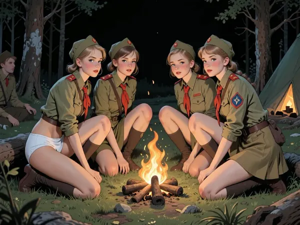 This is a detailed a classical illustrative style depicts a scene set in USSR in 1950s, It's night, a clearing in the forest, several beautiful, sweet, slender girls in scout uniforms are squatting down on the grass near the campfire, facing the camera, their legs are slightly apart, ((their white panties visible)), so that panties are visible under their skirts, ((panties are visible under skirts:1.3)), a dark background, the figures of the girls are illuminated by the campfire, The overall mood is intense, rendered in fine, expressive line work and subtle shading, evoking the style of 1950s satirical or moralistic illustrations.