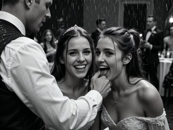 Two very drunk 22 years old women giggle and nervously fucking shyly to the handsome waiter away from the wedding reception, perfect teeth, wedding party in the blurred background. various perspectives, FRESHIDEAS, Real, Photography, 2#, Black, and, white, art, black, shading, charcoal, toned, brutal, dark, b/w, color, scheme, texture, photorealistic, hvrn, heavy, rain