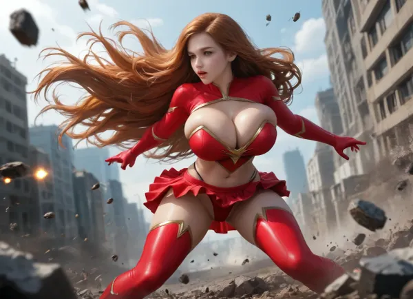adult woman, 22 years old, very beautiful girl, long hair, super hero, superhero costume, Cleavage Bulge, (Bursting Breasts), (Spilling Out), мini‑skirt, (thong:1.8), short top, dynamics, movement, battle, combat, super power, destruction, ruined city, huge breast, huge hips