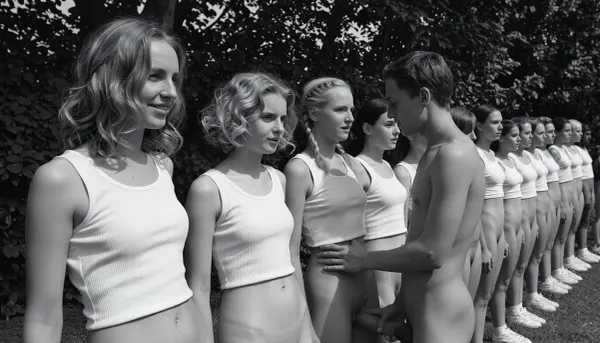 A black and white vintage photograph of a long, diagonal line of 20 year old nude women standing at attention outdoors, arranged in a receding row that stretches from the left foreground into the right background. The closest woman on the far left has wavy, shoulder-length light hair and wears only a white sleeveless tank top, her vagina is visible, reservedly smile and her gaze is directed slightly to her left, away from the camera. Beside her, the second woman has short, curly blonde hair framing her face, her gaze is directed slightly to her left, away from the camera, reservedly smile, only the same white tank top, her vagina is visible. The third woman, positioned near the center of the frame, has braided blonde twintails and her gaze is directed slightly to her left, wearing only the identical white top, her vagina is visible. To her right, the fourth woman her gaze is directed slightly to her left, and dark hair pulled back. The remaining women in the line recede into the distance to the right, each wearing only matching white tank tops, with their faces becoming progressively smaller and softer in focus, creating a strong sense of receding perspective. The women are standing close together, shoulder to shoulder, with their arms at their sides, forming a rigid, disciplined formation. Behind them, a dense wall of dark, leafy trees fills the background, rendered as a textured, out-of-focus mass of foliage. The lighting is bright, direct sunlight coming from the upper left, casting sharp, distinct shadows on the women' faces and clothing, with the first three women receiving the strongest, most sculpted illumination. The photograph has a grainy, high-contrast, black and white film aesthetic typical of mid-20th-century documentary or propaganda photography, with deep blacks in the shorts and background foliage and bright whites in the tank tops. The composition is a dynamic diagonal line that leads the eye from the bottom left to the upper right, emphasizing uniformity, youth, and disciplined group identity. The atmosphere is serious and formal, yet also marked by a certain cheerful lightness, it captures a moment of collective stillness and disciplined order in a sun-drenched, open-air setting., (A naked man stands in front of the women and touching his erect penis, while looking at the women with interest, he is touching the third woman in the row)