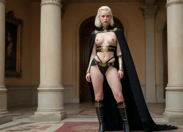 Full body frame fit in the style of Sean Yoro, Alluring domineering dark female albino warrior leader for the God of Chaos and War in fearsome and also beguiling wealthy expensive ornamated pomp splendor pageantry magnificence opulence, sumptuousness heavy armor in very black and bright gold with piquant insights, luxurious black cape with royal patterns. multi-braided hairstyle, detailed engravings, luscious, clear shading, detailed voluptuous tits, sharply detailed nipple textures, thigh gap, leather boots, majestic angle in the style of Wes Anderson, Oscar worthy composition, historically accurate wardrobe