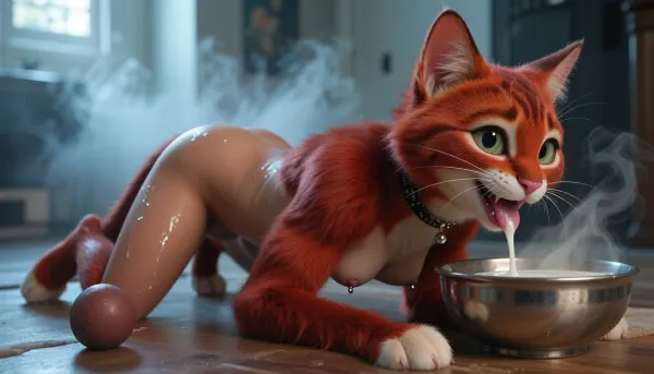 MATHYRI MIKRO ultra photorealistic cinematic, (20 years old petite woman, instagram model petite, Sweaty, piercing nipples, tits pierced, septum piercing, nose piercing, chocker, small boobs, very slim girl, slim Masterpiece, furry, futanari, solo, (Anthropomorphic cat, from "Zootopia"), thick fur, naked, Anthropomorphic feline body, tiny cat, skinny, very small ass, narrow hips, small breasts, on all fours, on floor, (narrow waist), red pelt, happy face, ((it drinks milk from bowl)), lips on the milk, licking milk, face on the bowl, seductive ass, (blur background), light rays from window, steam, Cold color temperature, cat feeding, dynamic view, side view, Trfut, flac-futa, balls, flac-penis, photo, artwork)