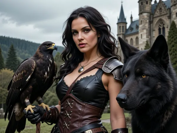 South pacific European mix woman, late 20s, long dark wavy hair, gold brown eyes, leather armor, large falcon on gloved hand, extra large dark wolf next to her, Gothic castle in background with forested hills, sharp focus, depth of field, 8k photo, HDR, professional lighting, taken with Canon EOS R5, DSLR, 75mm lens