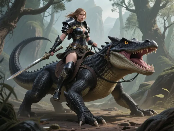 A warrior girl rriding a large, six-legged predatory lizard with crocodile-like black armor, d&d, fantasy, highly detailed, digital painting, artstation, sharp focus, fantasy art, character art, illustration, 8k, art in the style of artgerm and greg rutkowski. It's an absolute world-class masterpiece artwork. It's an aesthetically pleasing artwork with impeccable attention to detail and impressive composition.