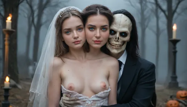 Halloween scene, grim reaper stands between 2 Women, (1st woman is wearing white lace wedding dress), (2nd woman is black silk formal dress), (((grim reaper is hugging both women))), Man dressed as grim reaper, (reaper has fire eyes, skeleton face), (man dressed as reaper), (puffy nipples:1.5), (hard nipples:1.5), (perky cleavage:1.2), no makeup, natural face, natural beauty, (small cleavage:1.8), (sagging cleavage:1.2), no bra, ultra detailed skin, realistic skin, long straight dark hair, (waist long hair), (majestic pale blue eyes:1.4), soft pink lipstick, wide set eyes, (pale skin:1.5), hair flowing over her shoulder, (formal styled hair), (pointed breasts:1.3), (small breasts:1.6), Scene set in a misty graveyard, Raining, heavy rain, wet clothes, high definition photo, shadows and contrasts, large tree shadow in background
