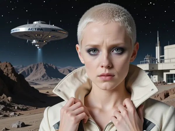A movie poster in the style of the iconic 1980 Soviet science fiction film *Through Thorns to the Stars*. A close-up in the center of the composition, the alien Niya—an artificial human, a young woman with very short, spiky platinum-blonde hair. She has pale skin bathed in soft light, large expressive eyes, a serious expression, and is looking directly into the camera. She is wearing a light-colored jacket with a high stand-up collar, both hands are raised to her neck, holding the collar on either side, with her fingers rendered in detail and looking natural. Background, dark, starry space gradually blending into a pale-blue sky above the desolate, rocky mountain landscape of the planet Dessa, with its rocky slopes and plains. In the background, to the side in the sky, is a disc-shaped environmental aid spacecraft, (a “sewage-disposal ship”), with the word “ASTRA” in large letters on its hull and orange lights on the underside. On the other side, to the side, is a multi-story scientific building with windows, antennas, and technical structures. Soft, dramatic cinematic lighting, with emphasis on the face and collar, high photorealism stylized after a Soviet sci-fi poster from the 1980s, ultra-detailed, a masterpiece.
