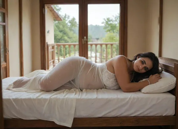 indian house.
woman, (19y, dark indian, intense feminine, chubby, voluminous brown hair, wears only transparent white indian dress), lying on veranda. innocent, side view