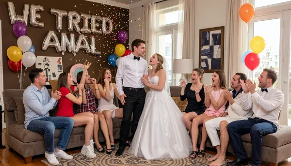 Random view, wide view from distance, panoramic view, make sure there is enough open space above the couple to fit fully visible text on wall, at top left of image are fully visible correctly spelled inflatable balloon letters on wall "WE TRIED ANAL", all people are fully clothed, a living room with at each side a large people gathering, They are all cheering with happy faces towards in wedding clothes male and female couple in the center of the frame holding hands and smiling at each other, all people wear clothes, party themed setting with balloons, party streamer, massive amount of colored confetti blows inside the room from the left and right side, warm sunlight through window