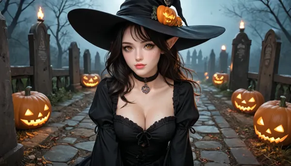 Beathtakingly beautiful adult female elf witch, kneeling beside an ancient gravestone in a mysterious abandoned Gothic cemetery at night. Cinematic medium close-up, three-quarter view, showing her elegant upper body, beautiful face, hands.
Pumpkins everywhere, halloween
A beautiful young woman, approximately 20 years old, pale skin, warm amber-brown eyes, full lips, soft feminine facial features, long dark black hair with layered framing strands and windswept volume. She wears a witch dress and witch hat. A black choker circles her neck, and two ornate silver talismans hang from delicate chains across her chest. Her expression is calm, intelligent, mysterious, and slightly intimidating. Subtle visible cleavage. Cinematic dark fantasy aesthetic, realistic proportions, highly detailed skin, natural facial features, realistic eyes, subtle makeup.
