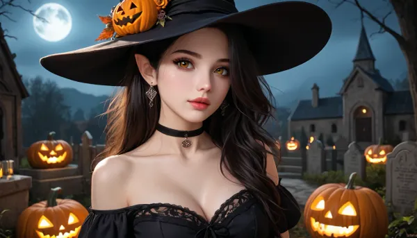 Beathtakingly beautiful adult female elf witch, beside an ancient gravestone in a mysterious abandoned Gothic cemetery at night.
Pumpkins, halloween, scary

A beautiful young woman, approximately 20 years old, pale skin, warm amber-brown eyes, full lips, soft feminine facial features, long dark black hair with layered framing strands and windswept volume. She wears a witch dress and witch hat. A black choker circles her neck, and two ornate silver talismans hang from delicate chains across her chest.
Subtle visible cleavage. Cinematic dark fantasy aesthetic, realistic proportions, highly detailed skin, natural facial features, realistic eyes, makeup.