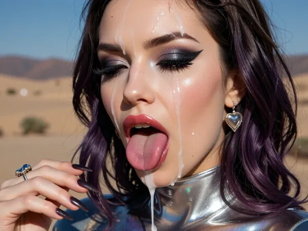 GOLN BULJ, Mutant girls live on a desert planet where mercury is replaced by water. They have silvery skin with a sheen like mercury. very large lips with a red outline smoothly turning into pink. they have lips instead of an anus, just like a mouth, and a big, plump pussy with iridescent iridescences. a whitish liquid oozes out of the pussy. The sexy pose shows off the beauty of her genitals.beautiful breasts and long, wavy purple hair poses . She wears dramatic makeup, dark-colored nails, and jewelry female, heart-shaped face, soft jawline, ferocious makeup, heavy winged black eyeliner, shimmering charcoal eyeshadow, bold deep crimson glossy lipstick heavily smudged, dazed expression, eyes half-closed, thick white viscous ejaculate spurting across her cheeks and forehead, dripping onto her nose and lips, glistening wetness, damp dark espresso shoulder-length hair