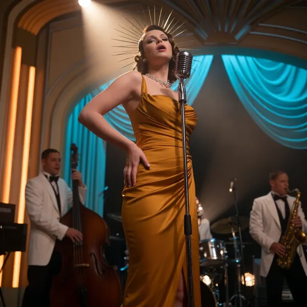 Vintage cinematic film photograph of a 1940s jazz cabaret performance. Dramatic low-angle shot looking up at an elegant female singer standing at a vintage chrome microphone on a stand. She wears a long fitted amber-gold evening gown and a dramatic sunburst halo headpiece with radiating metal spikes, head tilted back mid-song, one hand on her hip. Strong warm backlight creates a glowing halo around her head. Art deco stage design with glowing orange vertical light columns and a luminous arch, vivid turquoise-blue draped curtain backdrop. Jazz band members in white dinner jackets playing double bass and saxophone in the dim background. Hazy smoke atmosphere, soft diffusion, halation, film grain, retro analog film look, cinematic chiaroscuro, warm orange versus cool blue color contrast, dreamlike nostalgic mood., downblouse, nipslip