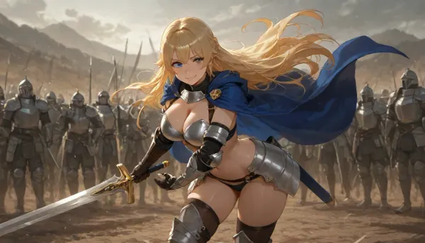 High resolution. High definition. A princess knight stands on the battlefield, commanding from atop a hill. She wields a two-handed sword, wears a cape, and is clad in bikini armor., happy smile