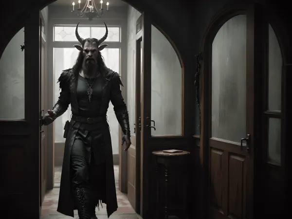 woman, The open door to the apartment. In the doorway stands a brutal-looking young sorcerer in a long-skirted leather raincoat stained with blood, black trousers, army boots, a white bloodstained T-shirt, a medallion in the form of a silver five-pointed pentagram with a goat's head in it hangs on his chest. The sorcerer has piercing green eyes, a beard, he is broad-shouldered and muscular, a scar on his face, a cruel look, a wide sinister smile on his face, with specks of blood. In one hand, the sorcerer holds an ancient book, in the other a dagger for ritual sacrifices. Next to him in the doorway is a black goat with horns and a beard. Behind the sorcerer's back, his apartment is visible in a modern, but some gloomy Gothic style, in dim red lighting and haze.Cinematography, a frame from a horror movie, Regan McNeil, space horror, exorcist, 8K, realistic, clear focus, cinematic atmosphere, dim lighting. Insanely complex, intricately detailed, realistic. Repulsive, Cursed, damaged, dark, Deteriorated, scary, dirty, scary., Negative promt, (worst quality, low quality:1.4), EasyNegative, bad anatomy, bad hands, cropped, missing fingers, too many fingers, missing arms, long neck, Humpbacked, deformed, disfigured, poorly drawn face, distorted face, mutation, mutated, extra limb, ugly, poorly drawn hands, missing limb, floating limbs, disconnected limbs, malformed hands, out of focus, long body, monochrome, symbol, text, logo, door frame, window frame, mirror frame.