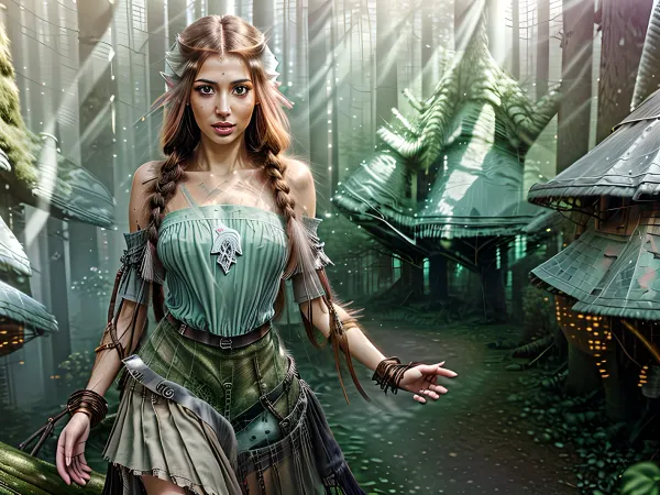 slim full body photograph of a auburn haired greek goddess persephone, ((persian girl)), (soft cinematic lighting), (Persian face), (hot girl), . steampunk, cyborg, cyber-goth, pixie-punk, She is thin and has breasts. She is fully clothed. Photo, age 20, long hair, bohemian hair style, many braids, detailed pixie hair, (hair in wind), (elaborate style hair), (elaborate brown braid), messy hair, sunset, (colour scheme, prussian blue, grey, tan, brown, silver, white, pink), (mini skirt), (petticoats), (brown and silver plaid skirt), (petticoat skirt), (plaid skirt), (grey cotton crop top), (leather harness), <lora:more_details:.5>, (background of ruined fantasy village covered in treehouse forest:1.7), a sexy fit model, with a toned body and long legs, <lora:natal33:.5>, <lora:NatureMagic-20:1>