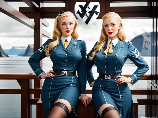 retro, pin-up, 1940s, nordic sorority, (((nazi girls in uniform))), 18 years old nordic girls with very long straight honey blonde hair and ginormous breast, lustful look at each other, blue eyes, pale skin with fulsh, fjord on background, retro-pinup, <lora:SD15 - TangoOne-PinupStyle:.5>