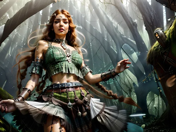slim full body photograph of a auburn haired greek goddess persephone, ((persian girl)), (soft cinematic lighting), (Persian face), (hot girl), . steampunk, cyborg, cyber-goth, pixie-punk, She is thin and has breasts. She is fully clothed. Photo, age 20, long hair, bohemian hair style, many braids, detailed pixie hair, (hair in wind), (elaborate style hair), (elaborate brown braid), messy hair, sunset, (colour scheme, prussian blue, grey, tan, brown, silver, white, pink), (mini skirt), (petticoats), (brown and silver plaid skirt), (petticoat skirt), (plaid skirt), (grey cotton crop top), (leather harness), (miniskirt), (crop top), (tiara), <lora:more_details:.5>, (background of ruined fantasy village covered in treehouse forest:1.7), a sexy fit model, with a toned body and long legs, <lora:natal33:.5>, <lora:NatureMagic-20:1>, (((((from below))), foreening, (seductive pose), looking at viewer, mad, (eye contact), <lora:povFacesitting:.8>))