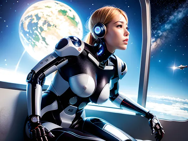 Die Cyborg-Frau saß vor dem großen Fenster auf dem Stuhl, ihre natürlichen Brüste schwankten, als sie ins All starrte. Sie hatte ein Bild von einem japanischen Gesicht auf ihrer Raumschiffkabine und sah es mit Sehnsucht in ihren Augen. Plötzlich