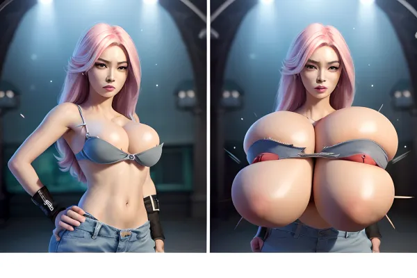 woman, growing tits, transformation, growth, fully clothed, bright colored clothing, ripped fabric, tattered clothing, rags, ripped clothing, torn fabric, torn clothing, tits about to burst out, gigantic tits, overflowing tits, overflowing bra, growing out of clothing, fabric digs into skin, full body image, macromastia, gigantomastia, (asymmetrical breasts:1.6), one breast is larger than the other, one breast is er than the other, one breast is double sized, one breast is half sized, different size breasts, breasts are not the same size, 8k, uhd, masterpiece, best quality, perfect face, perfect hands, perfect eyes, perfect mouth, perfect anatomy, extremely detailed textures, (perfectly upscaled image:1.5), pink hair, blue eyes, detailed hair, atb, <lora:ATBv02-03:.8>, <lora:BEReaction:.5>, breast_expansion, <lora:breast_expansion:.8>