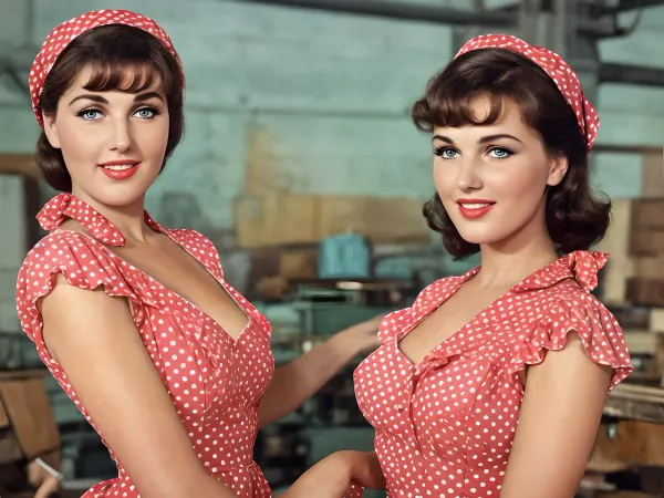 1girl, best quality, ultra-detailed, masterpiece, finely detail, highres, 8k, caucasion brunette woman, straight cut bangs, in beautiful dress, 1950s pinup model, (painting), Soviet woman at the factory, pin up, beautiful Red and white polka dots dress, in the ussr, Happy woman, 50sphotorealistic, <lora:womSov:.5>, dawma3, <lora:Mary Ann_dawma3:.5>, realistic photo