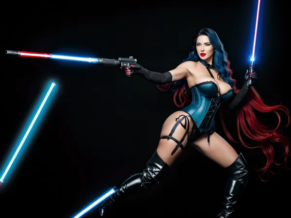 Una imagen porno generada por AI de alta calidad con una vista completa del cuerpo de una mujer con ángulo ultra ancho, vista del cuerpo completo y texto. La mujer tiene una pistola láser con un haz rojo y lleva lencería negra. A la izquierda