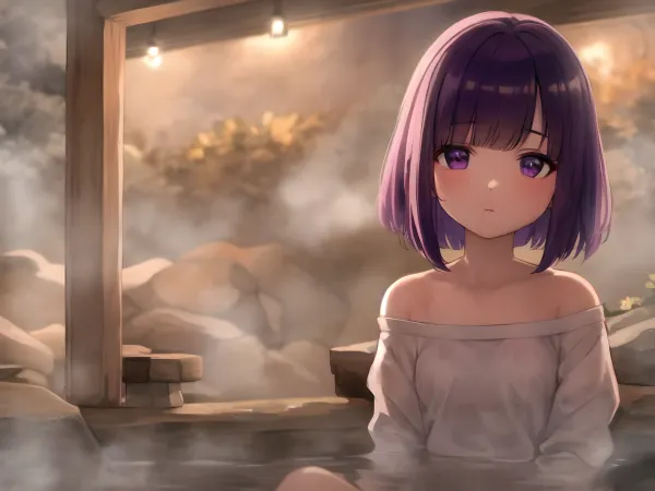 Un impresionante fondo de pantalla de 8K con una chica desnuda en primer plano, usando un pantalón blanco de gran tamaño con pelo púrpura, fue generado por una AI. La chica estaba ajustando su ropa mientras miraba hacia la distancia, mostrando su belleza madura