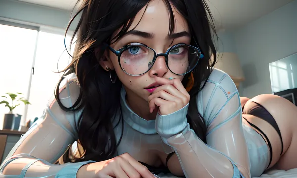 一台24毫米的相机拍摄到一个电子女孩的尖锐眼睛,圆眼镜,以及尖锐的面部特征,她带着尖锐的面部特征,用圆眼镜和尖锐的眼睛盯着观众. 她的嘴唇是满的,邀请 当她凝视