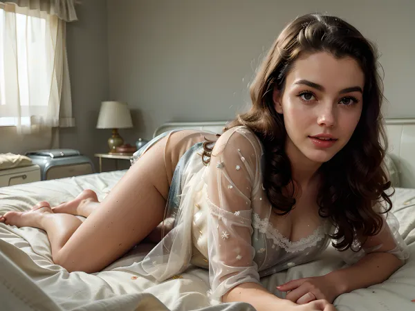 woman, 50s housewife, open eyes, long messy hair, (perfect ass), (lying flat on her stomach on a bed:1.2), seductive, (messy hair), (detailed clothing), (detailed background), Ad Americana Style, vintage painted advertisement, retro 1950's style, <lora:AdAmericana:1.2>, (gauzy transparent miniskirt with no panties:1.3)