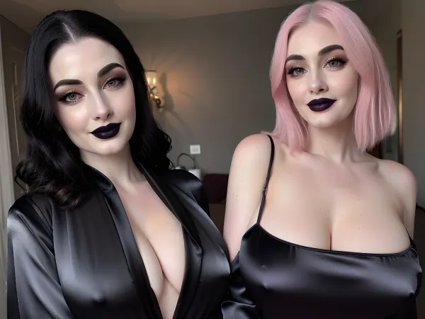 Sultry goth 여자 posed seductively 에 그들의 스키머 블랙 드레스 고 하이힐, 착용 광택 핑크 립스틱과 신부 파티 드레스. 사진 작가는 정밀하고 배려를 끄고, 그들의 sultry 포즈의 모든 세부 사항을 캡처