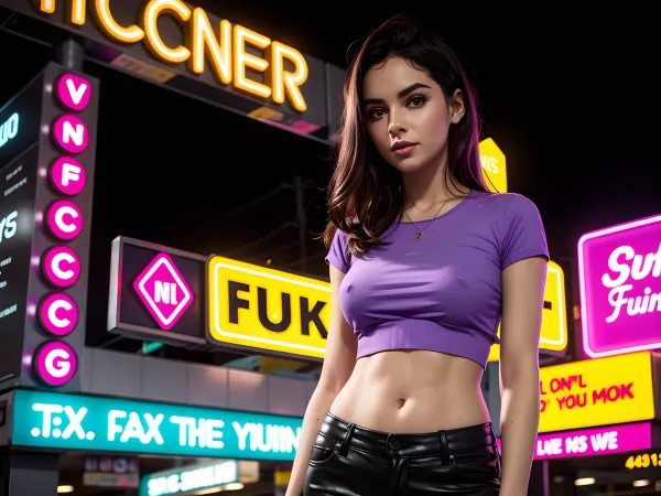 В неоновом городе девушка в фиолетовом топе захватывает сущность ИИ с ее мягкими портретами и экзотическими обложками альбомов. Ее текст захватывает, с освещением, которое создает потустороннюю атмосферу