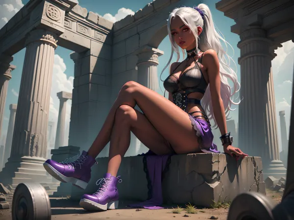 [best quality high quality], (solo), skinny breasts long silver hair cute tall pensive gothic girl s lace tanktop sunny summer sky superrealistic illustration windy, <lora:chocoskin:1>, from 3/5 front, (glowing purple eyes:1), (big elaborate boot-sneakers:1), (waist jewelry:1.2), (hot-pink lipstick:1), (ancient dark underworld fantasy temple:1), (whole body in shot:1), (wide photo:1), sitting, crossed legs, show shoes, ¼Sole of shoes