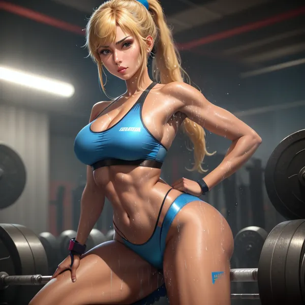 masterpiece, best quality, 1girl samus aran lifting weights, ponytail, hair tie, blue sport bra, uderboob, (blue highleg micro), (weightlifting on her shoulders), open legs, (detailed weights), (large weights on a bar), (weights on her shoulders), weight on her shoulder, gym background, sweat on her body, sweat lotion, <lora:samus-nvwls-final:1>, <lora:ExtremeMicroShorts:.5>, <lora:sweat_lotion_v2:.9>