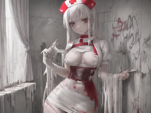 穿着护士服装的年轻成年女孩站在废弃的房间前,她冷漠的眼睛扫描墙壁. 她拿着一个注射器,里面装满了清澈的液体,她的绷带被撕破并沾满了泥土. 她的细腰是