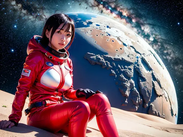 Die rote Planetenlandschaft war atemberaubend, mit hohen Bergen und aufragenden Klippen. Eine nette japanische Frau in ihren frühen 20ern saß auf dem Boden und trug einen Raumanzug mit ihren Beinen überquert. Ihre voll gekleidete Figur machte deutlich, dass sie ein