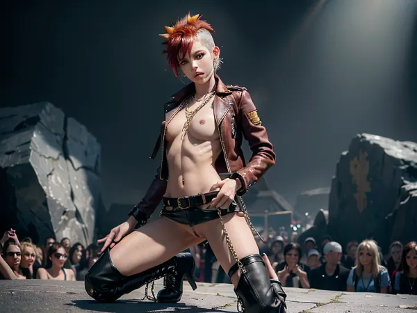 woman, group of women, nude, naked, (anorexic:1.4), (extremely skinny:1.4), (rock festival:1.4), (showing tits:1.4), (showing pussy:1.4), (hairy pussy:1.4), (punk:1.4), (mohawk:1.4), (very tits:1.5), (tits:1.5), make up, red hair, yellow hair, pink hair, blue hair, (chains:1.4), (tatoos:1.4), (leather belt:1.4), (leather boots:1.3), (leather jacket:1.3), <lora:ahx_v1:.5>