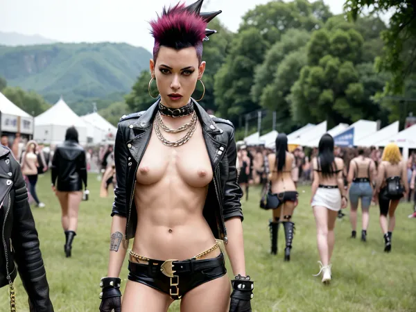woman, women, nude, naked, anorexic, (very skinny:1.5), (rock festival:1.4), (showing pussy:1.4), (showing tits:1.4), (punk:1.4), (mohawk:1.4), (flat chest:1.4), (tits:1.4), (big bush:1.4), make up, red hair, yellow hair, pink hair, blue hair, (chains:1.4), (tatoos:1.4), (leather belt:1.4), (leather boots:1.3), (leather jacket:1.3), <lora:ahx_v1:.5>