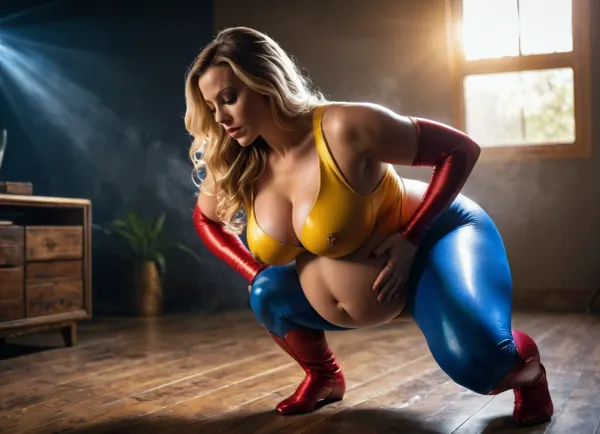 woman, Pregnant superhero with massive belly and huge tits bent over pussy leaking cum