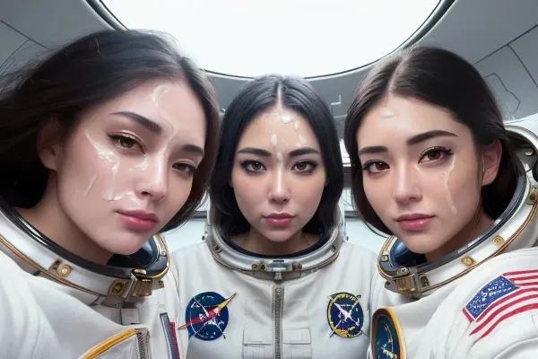 Un astronauta adulto joven posando para una foto con semen en su cara, capturado en resolución UHD de 8k con cámara DSLR de alta definición y iluminación detallada y enfoque suave. Esta obra maestra es imprescindible para cualquier persona que ama la fotografía espacial o desee