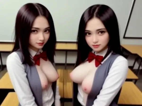 AI는 dollface, upturned 눈, 가장 넓은 greedy 미소를 가진 succubus의 그림을 창조했습니다. 그녀는 책상과 교실에서 가장 아름다운 소녀를 서있다