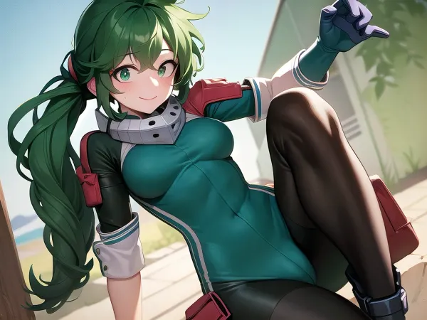 (masterpiece, best quality:1.2), cowboy shot, solo, female focus, 1girl, gender bender, midoriya izuku, smile, looking at viewer, green hair, green eyes, green bodysuit, gloves, <lora:mha_midoriya-10:1>