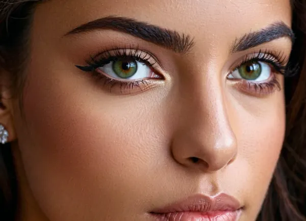 Die Frau im Bild hatte das volle Gesicht einer arabischen Frau mit hohen Wangenknochen, dunkelbraunen Haaren mit Highlights und einer natürlichen gebräunten Haut. Ihre piercing dunkelgrünen Augen wurden von langen Wimpern gerahmt, die ihr dunkelbraunes Haar passten. sie hatte