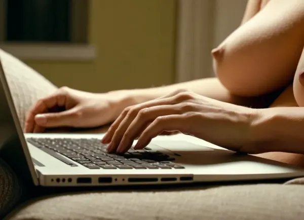 Kadın bir dizüstü bilgisayar üzerinde bir porno filmi izliyordu ve filmde kadının resmi yatağa yayılıyordu, bacakları genişledi. Kendi kıyafetlerini o geldiğinden beri ovuşmuştu